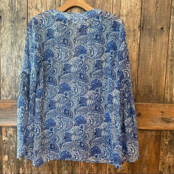 Michael Kors S Blue Gold Threaded Sheer BOHO Smocked Flared Sleeve Relaxed Top - Picture 3 of 8